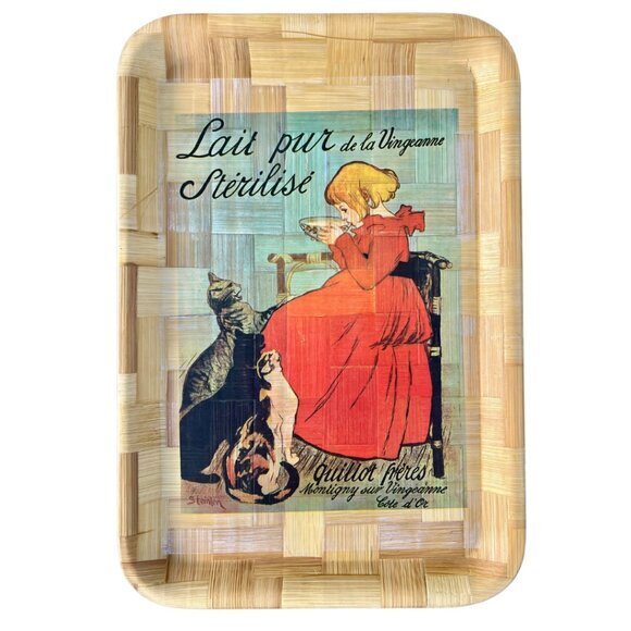 <<SOLD<< 5 Serving Trays Woven Bamboo Milk Bicycle Antique Adverts Vintage 70s - Picture 4 of 6